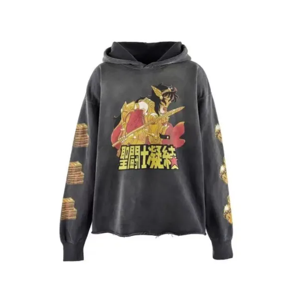 Saint Seiya x Design Graphic Distressed Hoodie Black - 1