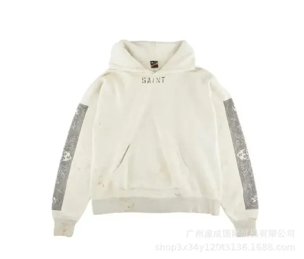 Saint Laurent Distressed Graphic Hoodie Beige - 1