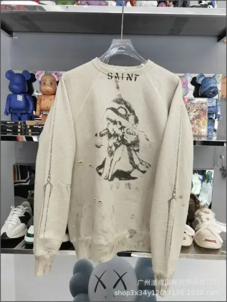Saint Laurent Distressed Graphic Hoodie Beige - 1