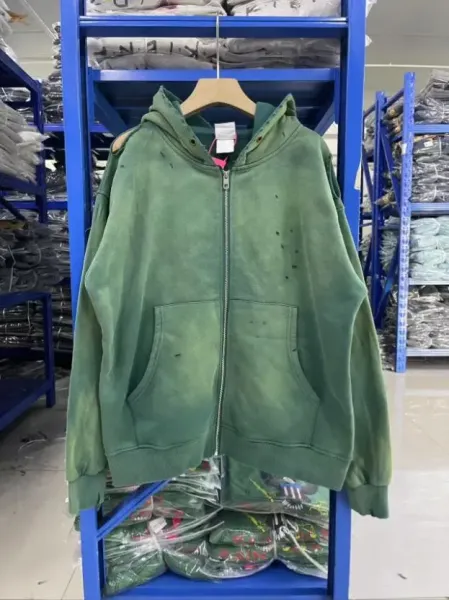 Design Distressed Washed Green Zip-Up Hoodie - 1