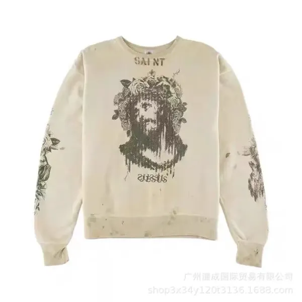 Saint Laurent Saint Jesus Distressed Graphic Hoodie Beige - 1