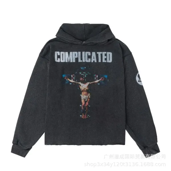 Complicated x Unknown Artist Crucifixion Print Distressed Black Hoodie - 1