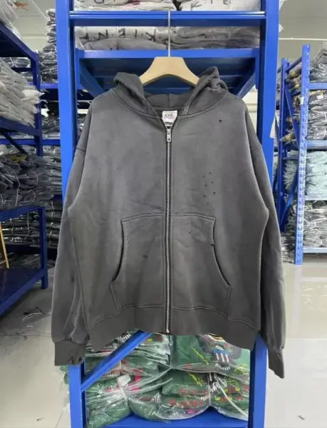 Design Distressed Gray Zip-Up Hoodie - 1