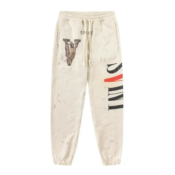 Saint Laurent Distressed Logo Print Beige Sweatpants - 1