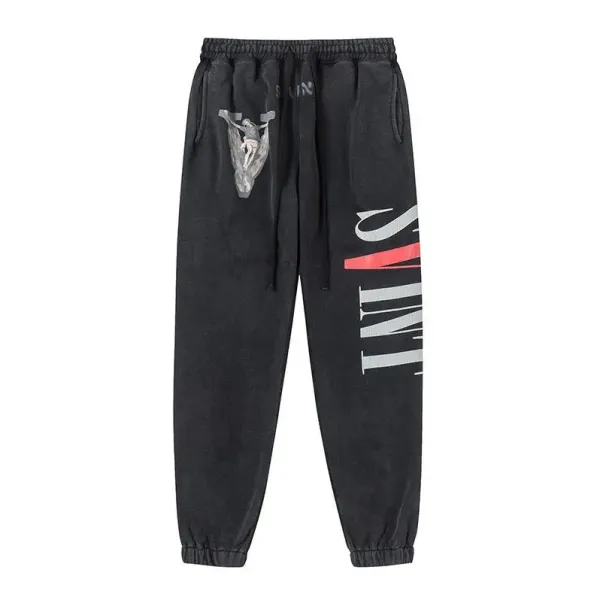 Saint Laurent Logo Print Distressed Black Sweatpants - 1