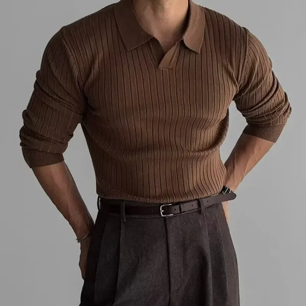 Ribbed Knit Polo Shirt in Brown - 1
