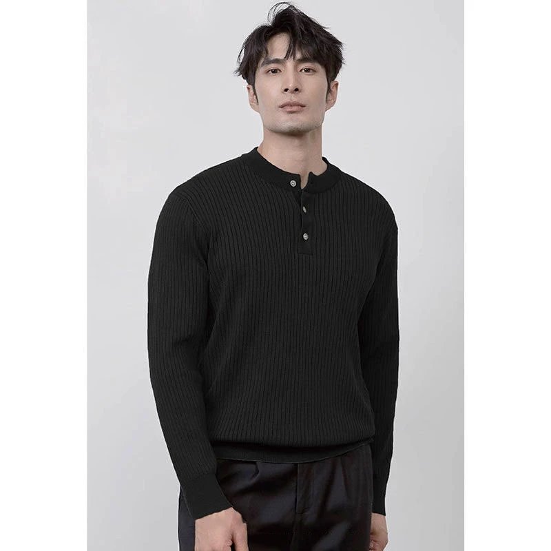 Black Ribbed Henley Sweater - 1