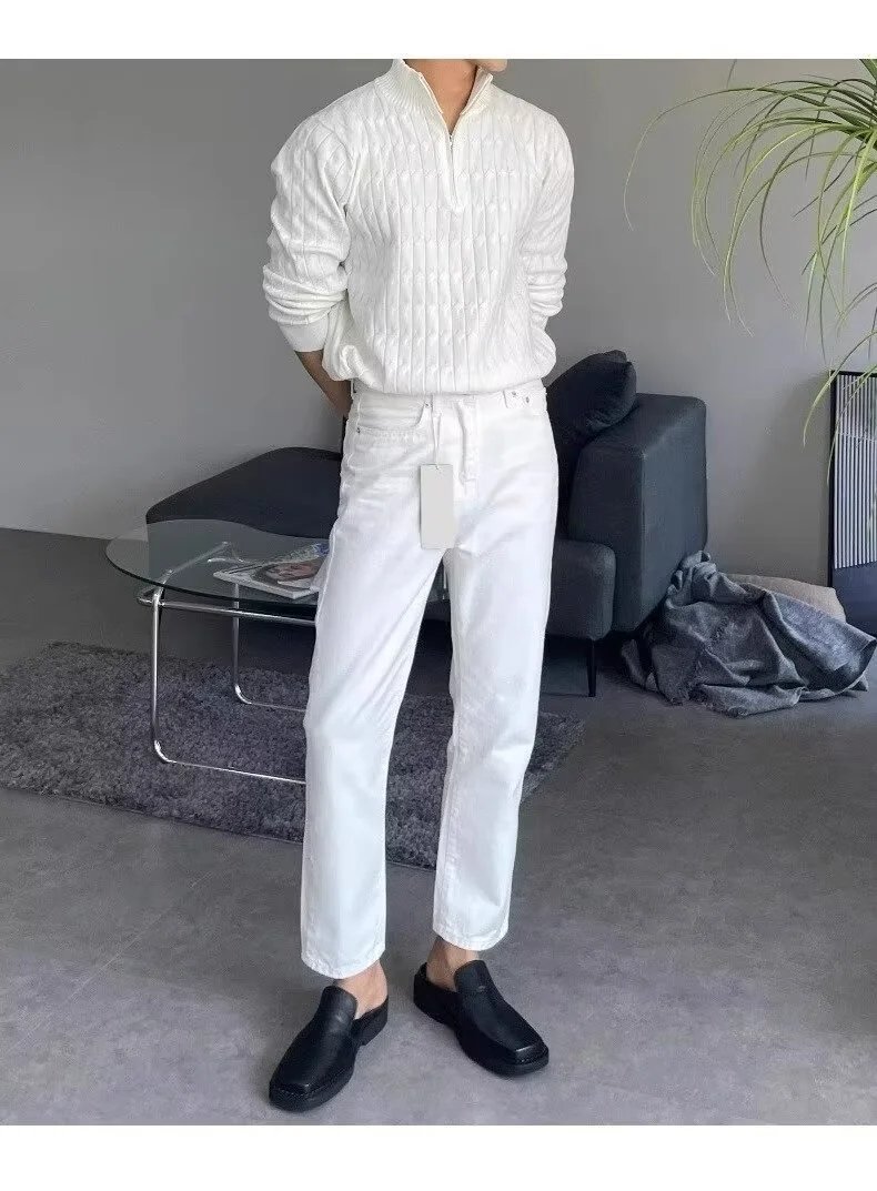 Ribbed Henley Knit Sweater White - 41