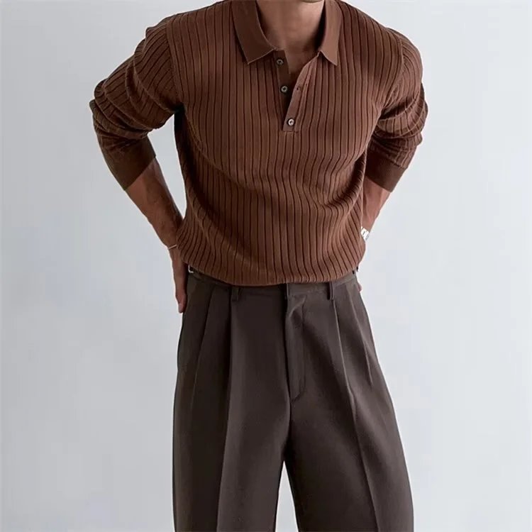 Ribbed Knit Polo Shirt in Brown with Pleated Trousers - 1