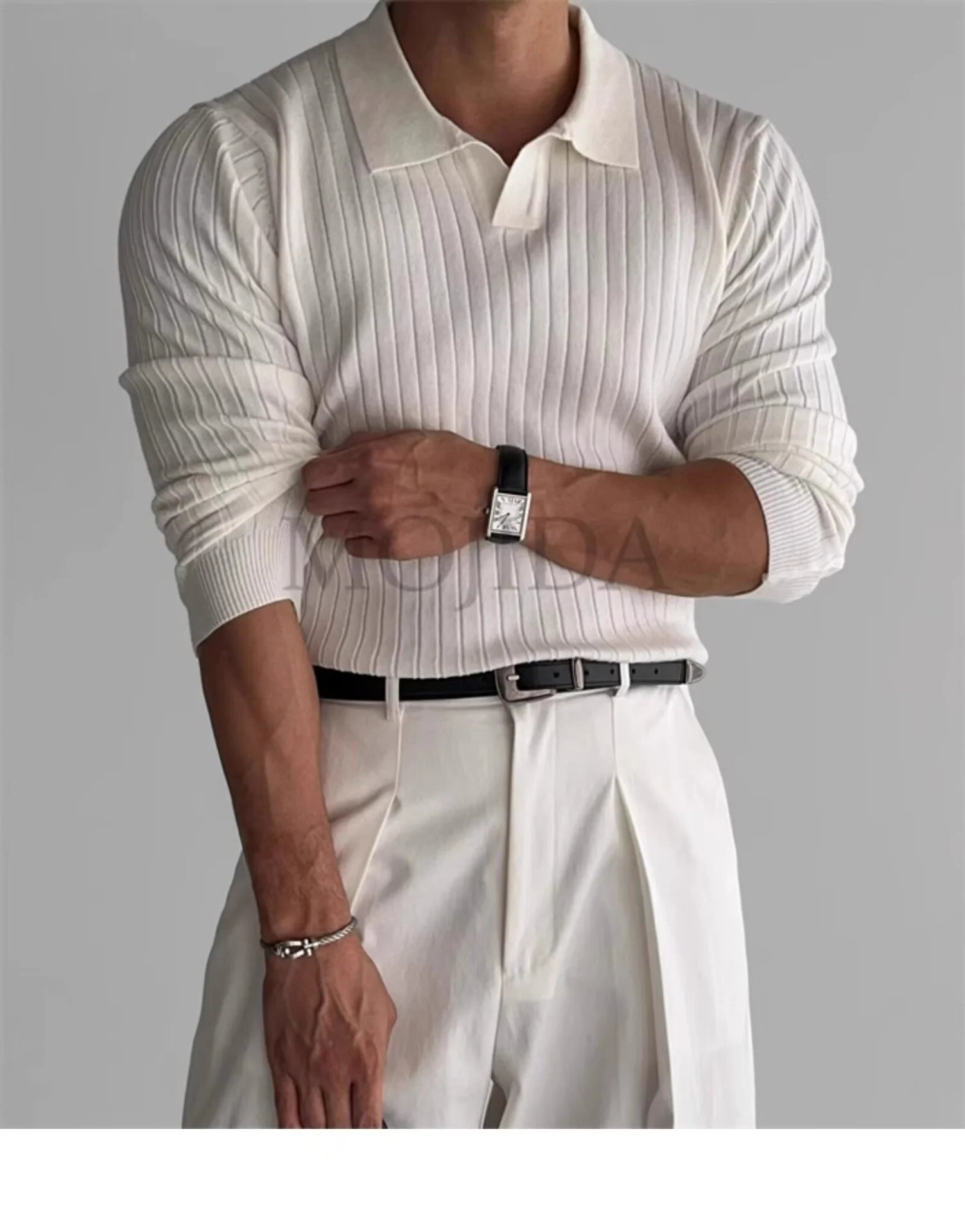 Ribbed Henley Knit Sweater White - 4
