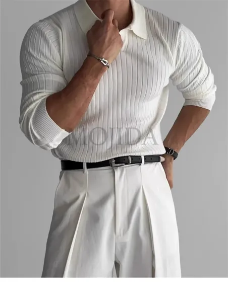 Ribbed Henley Knit Sweater White - 6