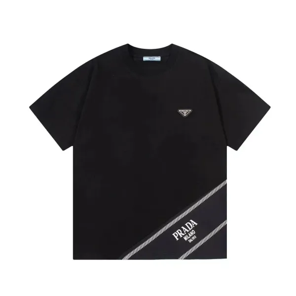Prada Logo Patch and Diagonal Stripe T-Shirt Black - 1