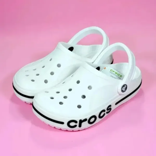 Crocs Classic Clog White with Black Logo Stripes Casual Shoes - 1