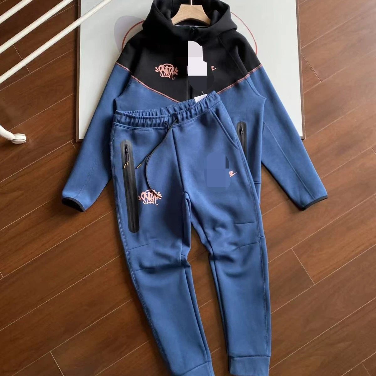 【靖之G】春秋海外爆款联名男子套装印花字母运动拼接连帽上衣裤子