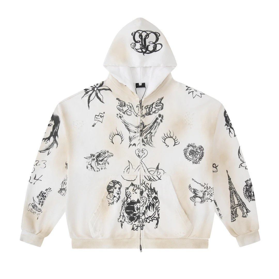 High version of Paris B home graffiti hand-painted dirty worn sweater jacket men and women loose pants sports suit