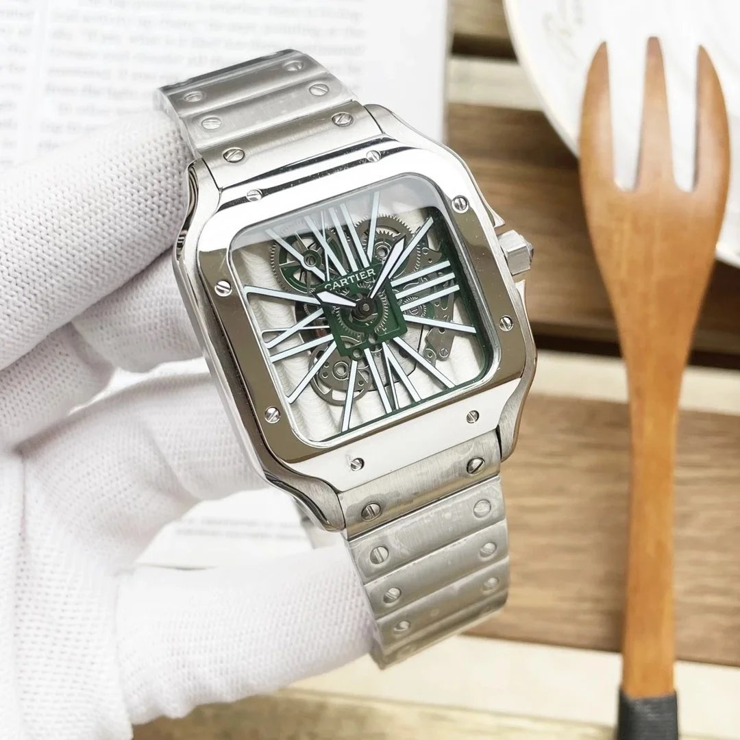Cartier Santos Skeleton — Silver case with a green steel strap colorway — USFans Spreadsheet photo