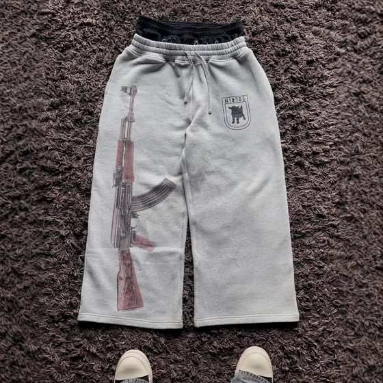y2k high street Europe and the United States and the United States cross-border ins double-waisted printing embroidery street folding pants head sweater pants casual straight pants