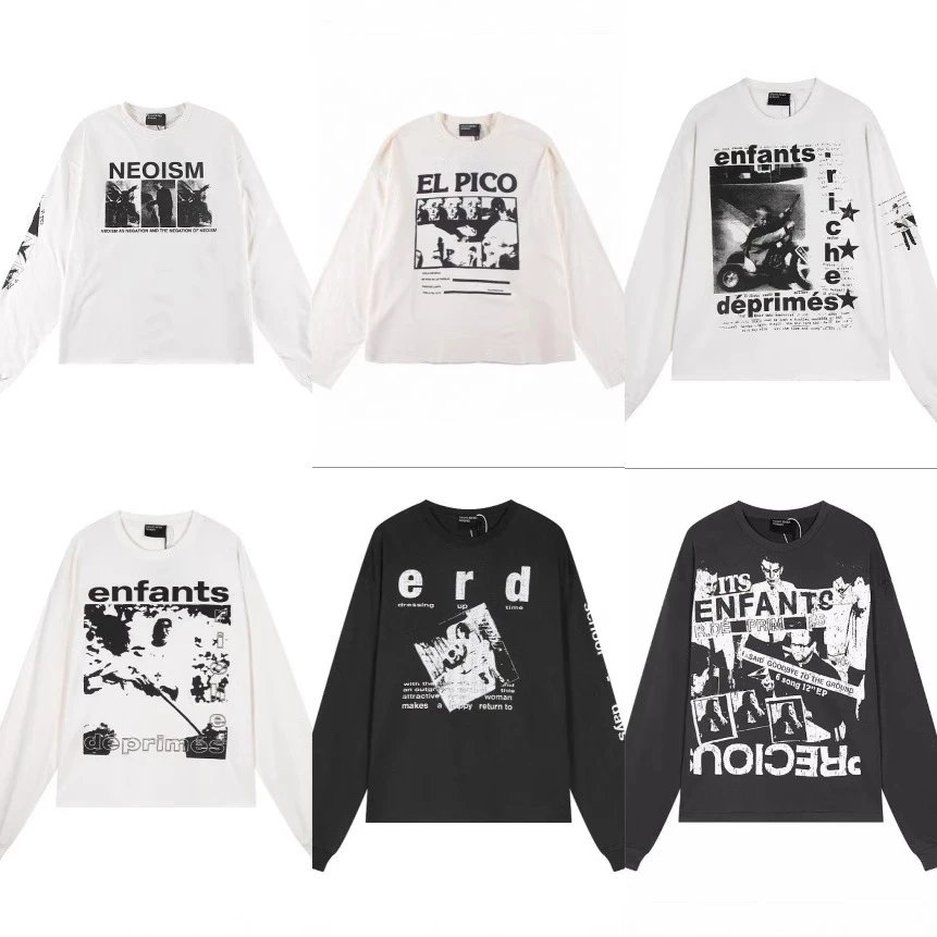 ERD Melancholy Rich Kid Letter Print Vintage Portrait American Streetwear Loose Unisex Casual Long Sleeve T-Shirt Trendy