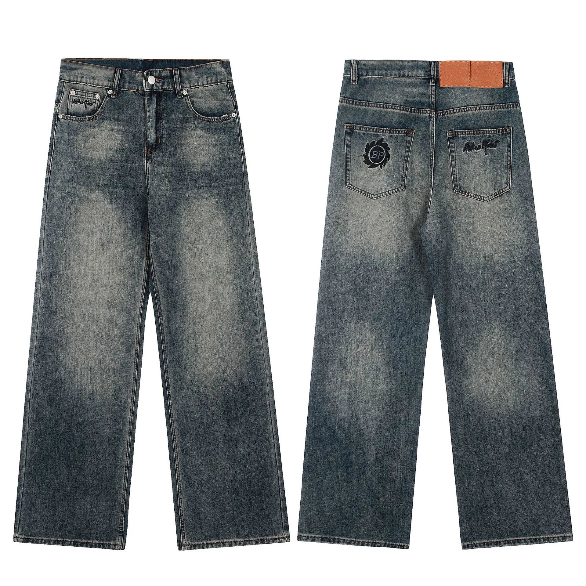European and American fashion brand BP micro logo letter embroidery washed casual straight leg jeans for men and women high street pants
