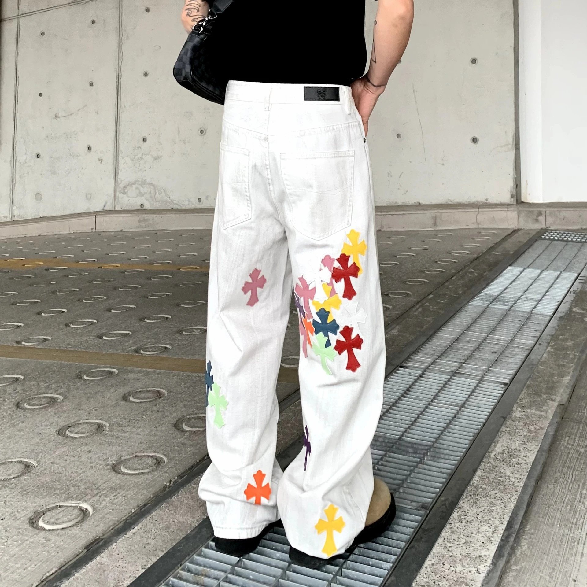 Chrome Hearts Cross-Embroidered Wide-Leg Denim Pants Shorts