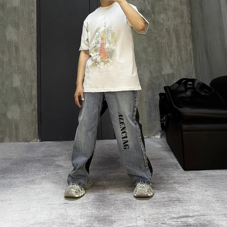 Balenciaga Logo-Print Wide-Leg Denim Jeans