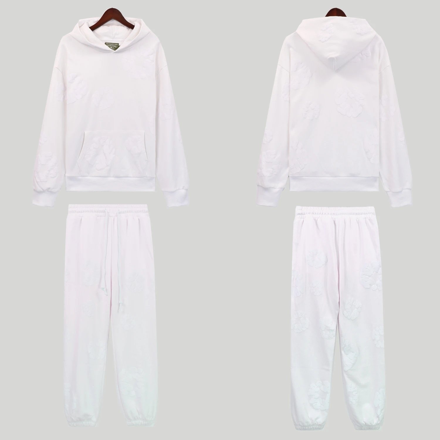Design Floral Embossed White Hoodie and Sweatpants Set - 1