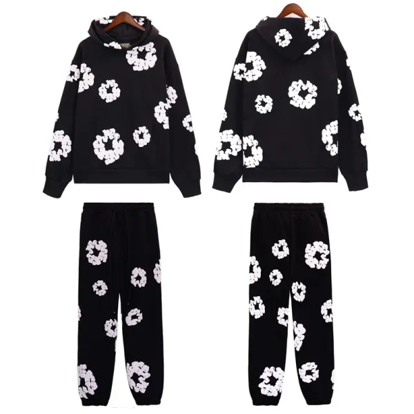 Design Floral Print Black Hoodie and Sweatpants Set - 1