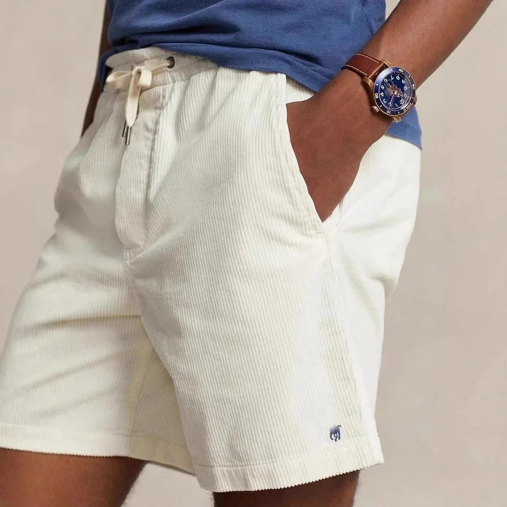 Ralph Lauren Pony Logo Loose Fit Breathable 5-Inch Inseam Embroidered Summer Casual Pure Cotton Corduroy Shorts for Men and Couples