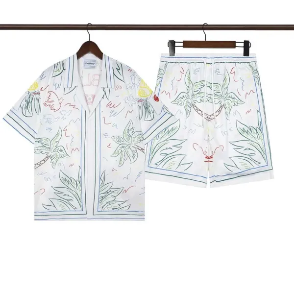 Caroline Hu Tropical Print Linen Shirt and Shorts Set White - 1