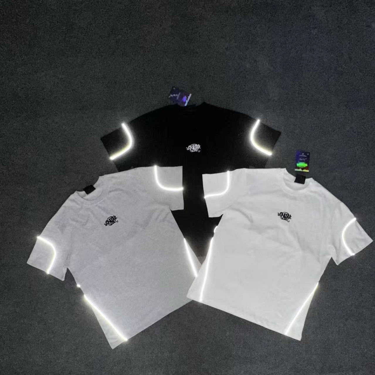 SynaWorld New American Embroidery Logo Young Men and Women's Reflective Summer Niche Aesthetic Tide T-Shirt Shorts Sports Set