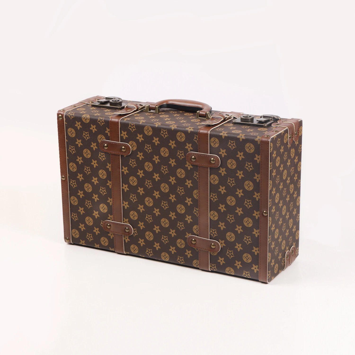 Unbranded Vintage monogram-pattern storage trunk with handle and metal latches image 4