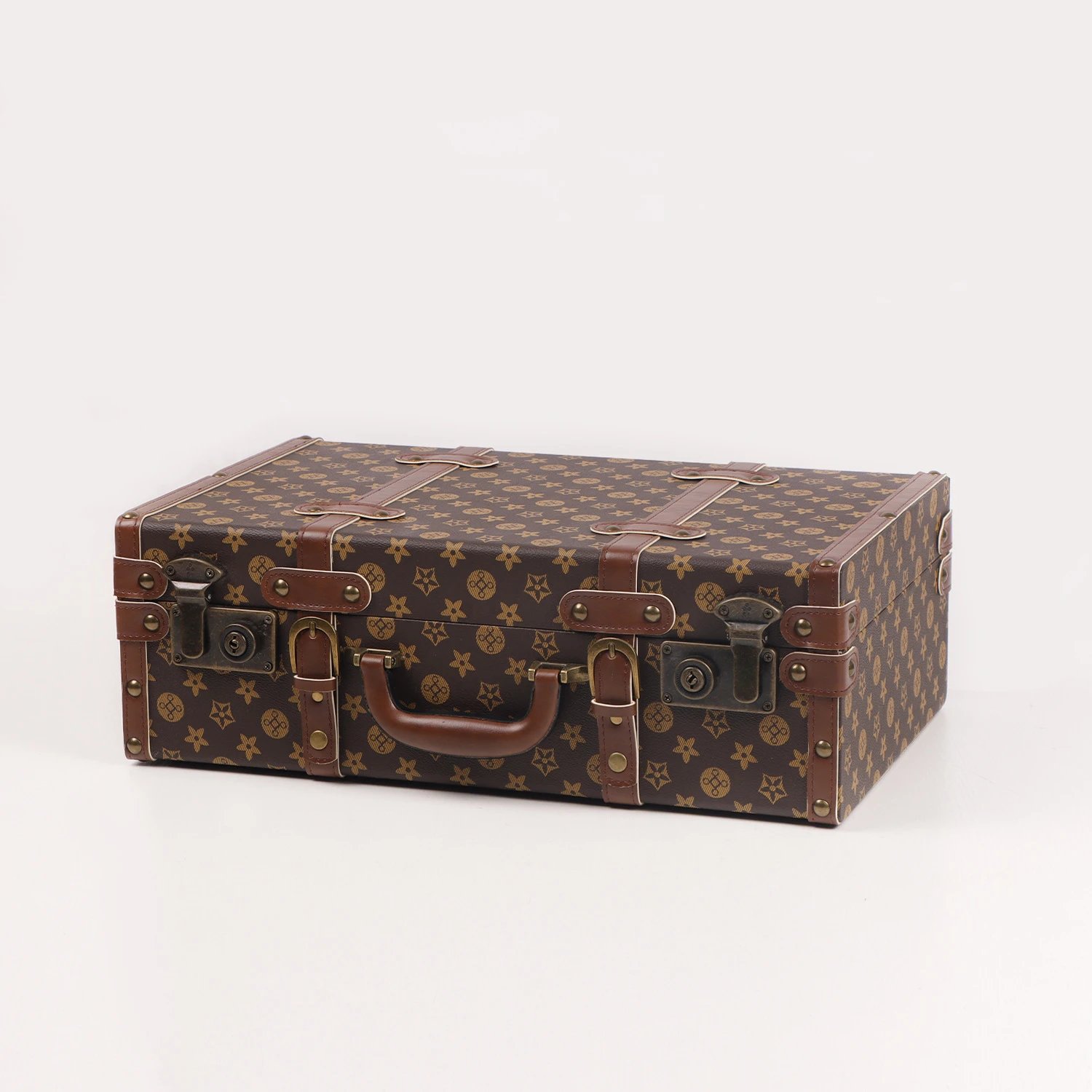 Unbranded Vintage monogram-pattern storage trunk with handle and metal latches image 2