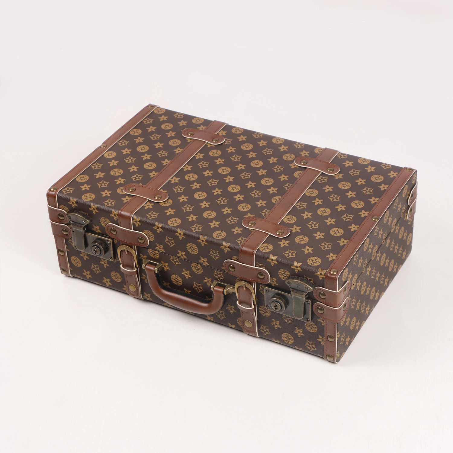 Unbranded Vintage monogram-pattern storage trunk with handle and metal latches image 3