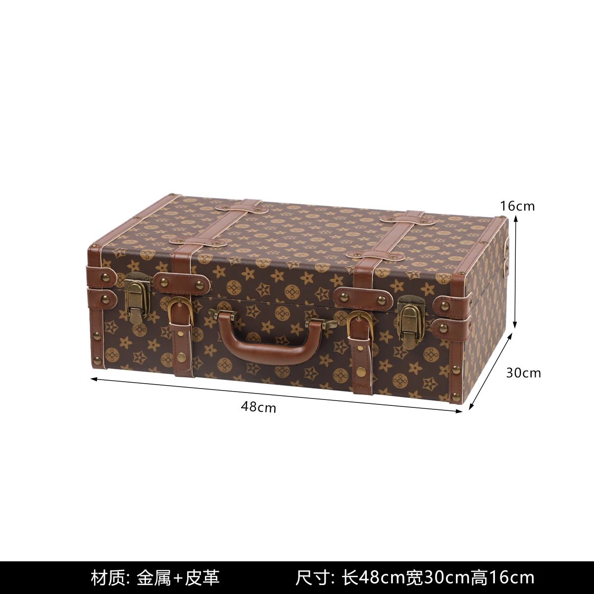 Unbranded Vintage monogram-pattern storage trunk with handle and metal latches — trumpet (padlock)