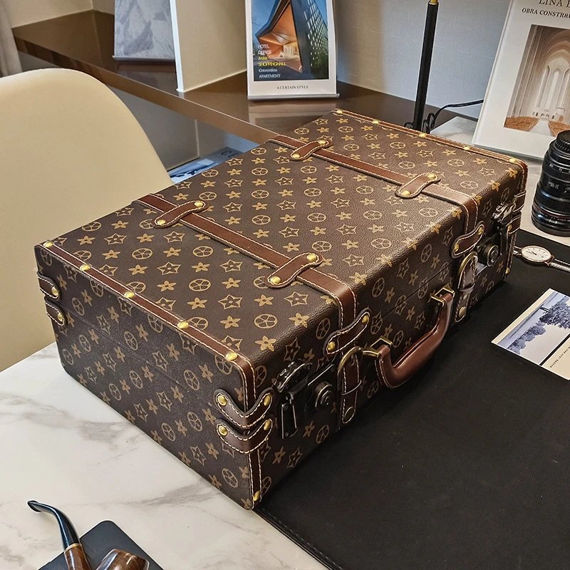 Unbranded Vintage monogram-pattern storage trunk with handle and metal latches — Combination (spring lock)