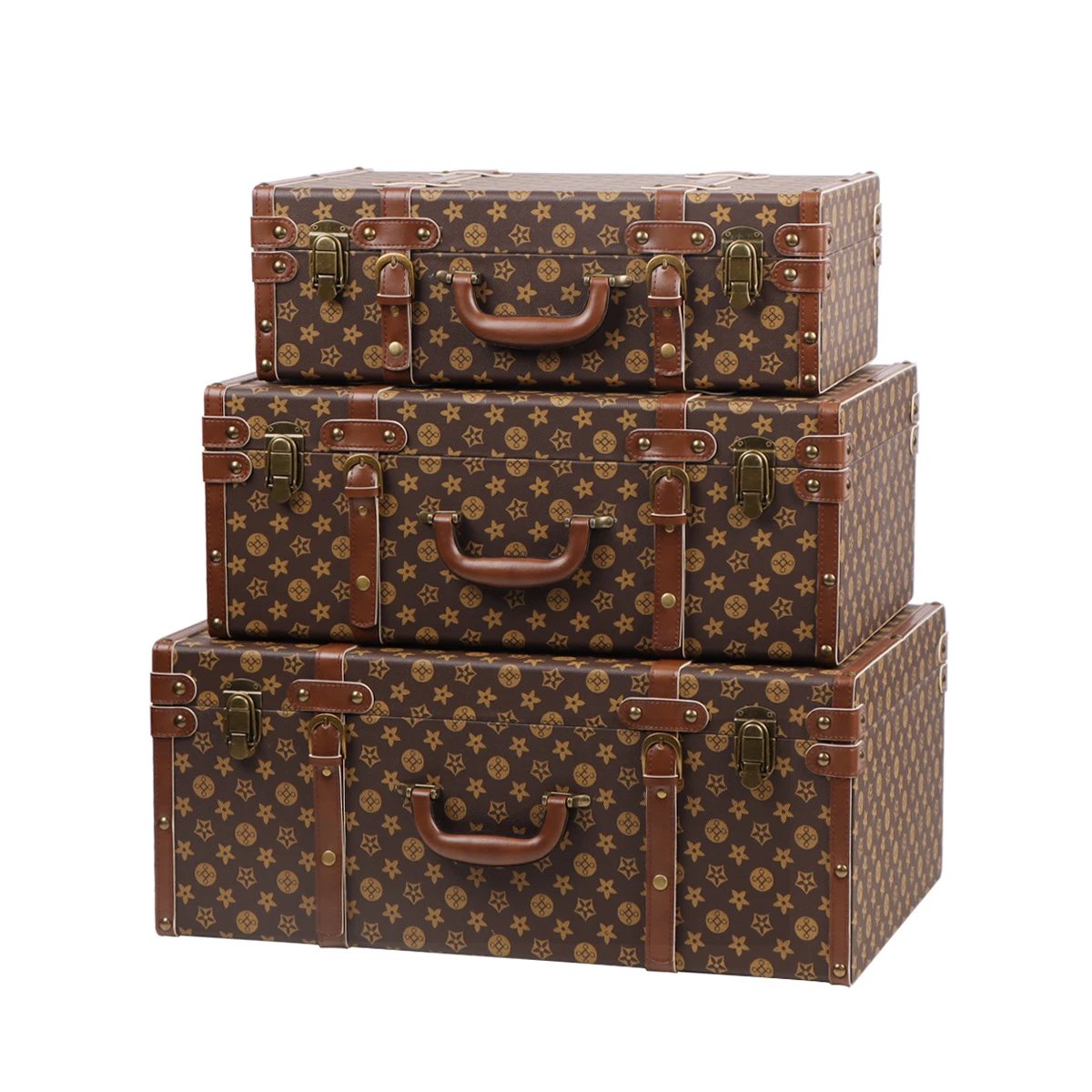 Unbranded Vintage monogram-pattern storage trunk with handle and metal latches — Combination (padlock)