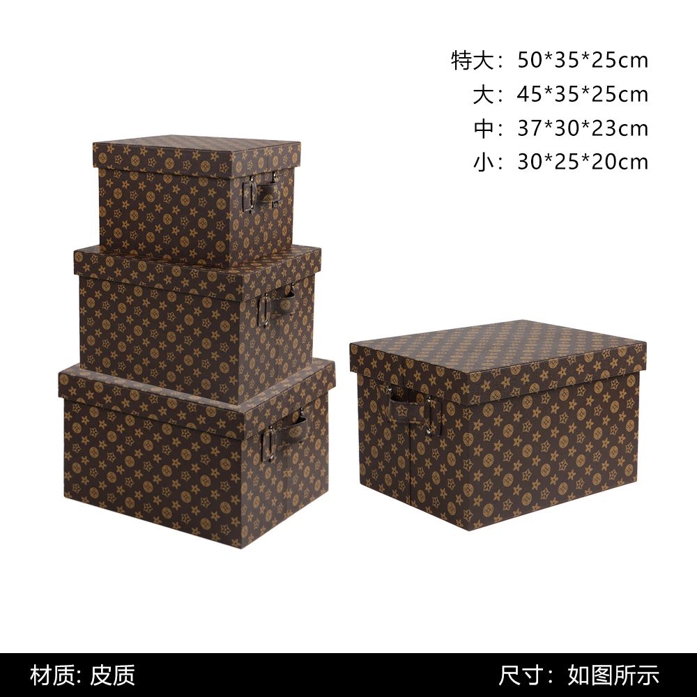 Unbranded Vintage monogram-pattern storage trunk with handle and metal latches — Brown patterned leather handle-large