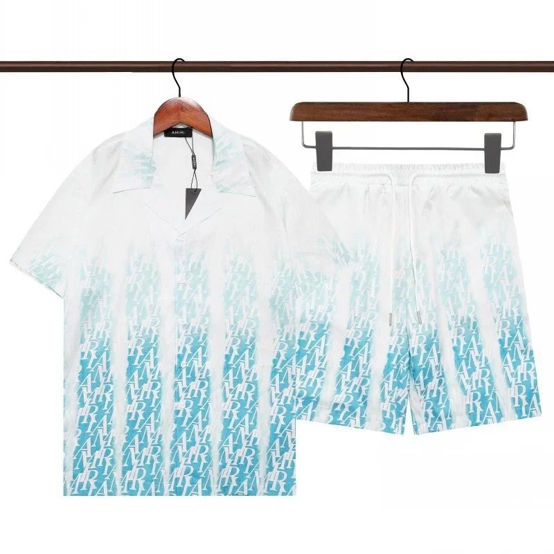 AMIRI Matching Sets Short-Sleeve Printed Shirt and Drawstring Shorts Set — Q277# K86# Green