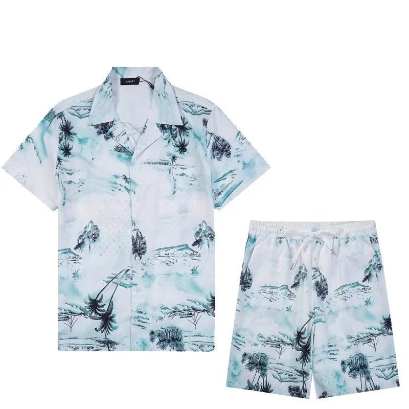 AMIRI Matching Sets Short-Sleeve Printed Shirt and Drawstring Shorts Set — 9732#+749#