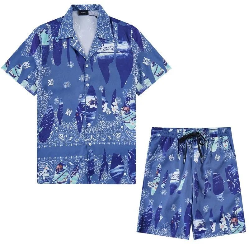 AMIRI Matching Sets Short-Sleeve Printed Shirt and Drawstring Shorts Set — 9687#+712#
