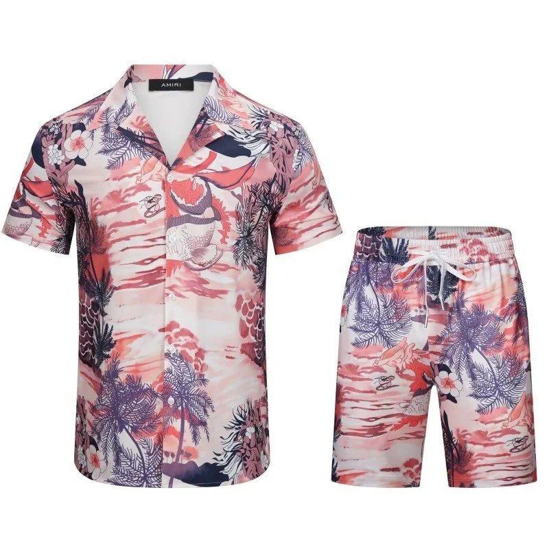 AMIRI Matching Sets Short-Sleeve Printed Shirt and Drawstring Shorts Set — 9150#+1288#