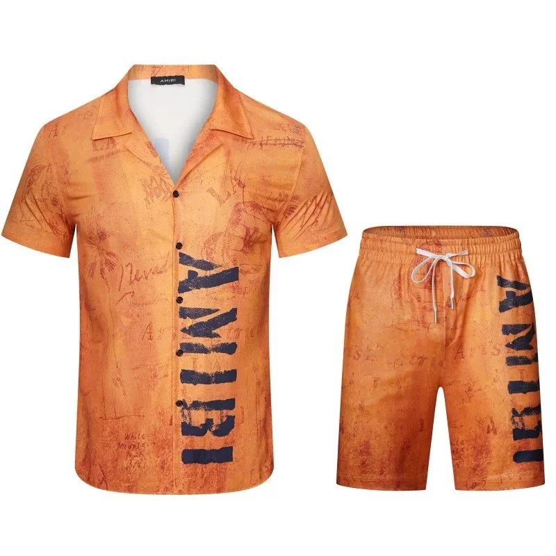 AMIRI Matching Sets Short-Sleeve Printed Shirt and Drawstring Shorts Set — 9167# 1289# Orange