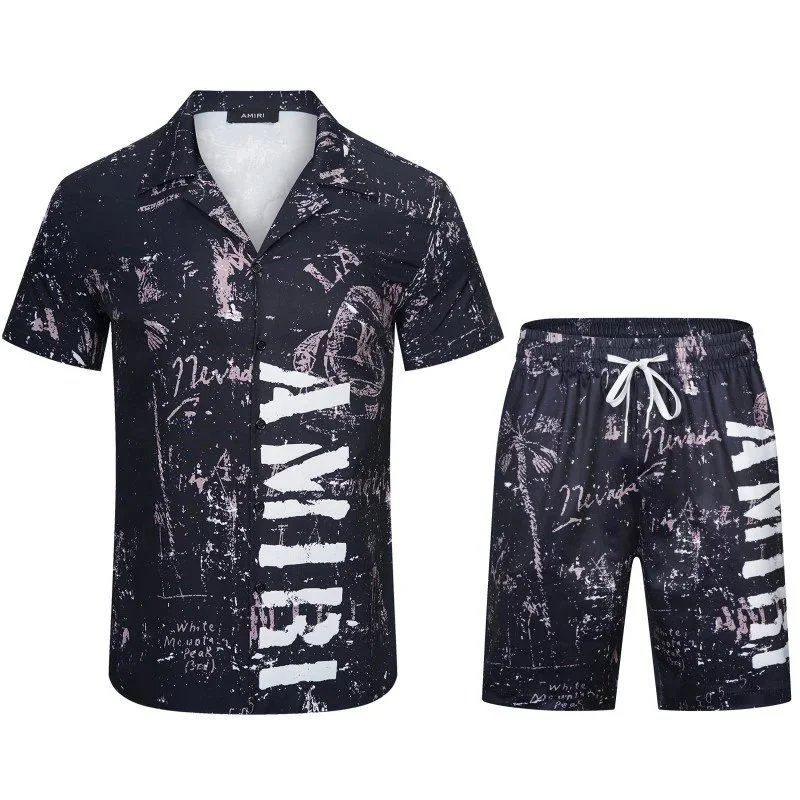 AMIRI Matching Sets Short-Sleeve Printed Shirt and Drawstring Shorts Set — 9167# 1289 Black