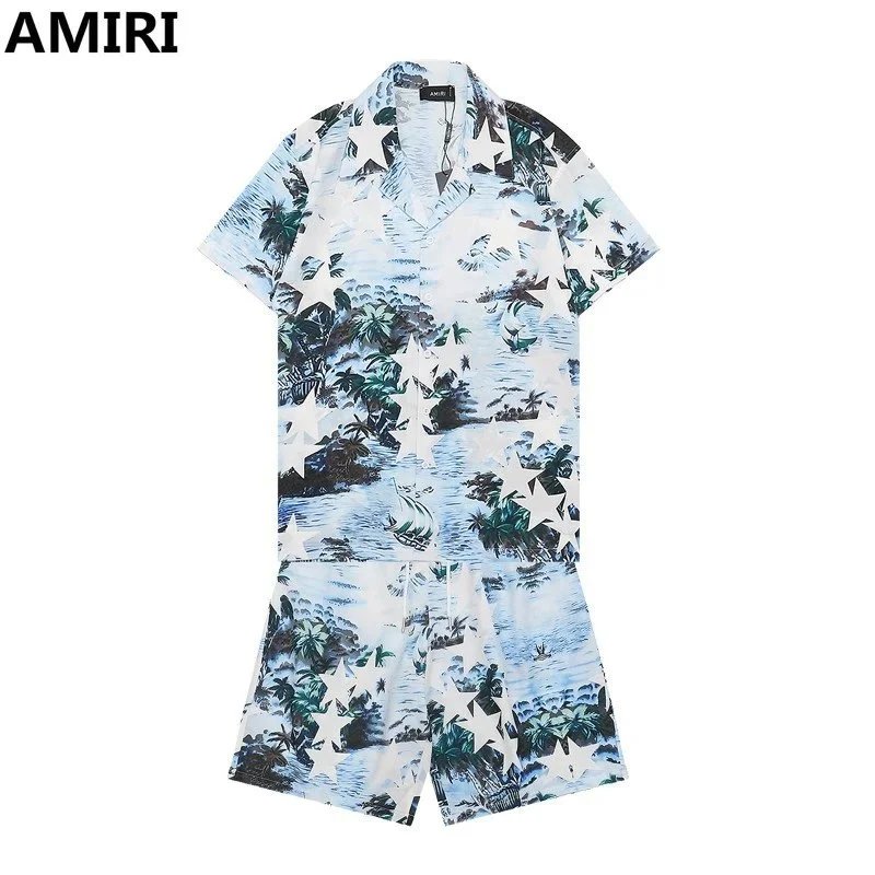 AMIRI Matching Sets Short-Sleeve Printed Shirt and Drawstring Shorts Set — Q110#+K31#