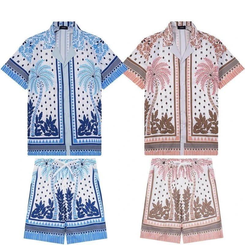 AMIRI Matching Sets Short-Sleeve Printed Shirt and Drawstring Shorts Set — 9729# 746# Lan