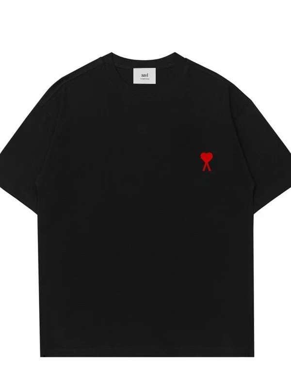 Ami Classic Small Heart Embroidery Short Sleeve T-Shirt for Men - Summer Streetwear Loose Casual Versatile Tee