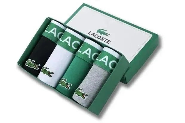 Lacoste Underwear Men's Boxer Briefs — A gift box containing four pieces in black, white, gray, and green.