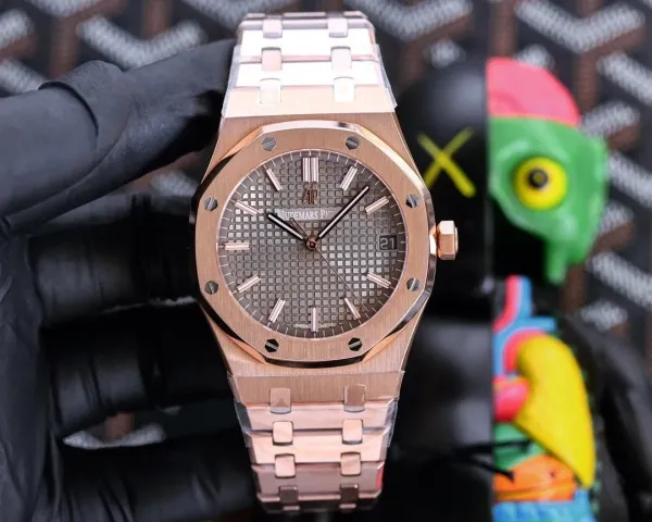 Audemars Piguet Royal Oak 37mm Rose Gold Black Tapisserie Dial Mechanical Watch Watches - 29