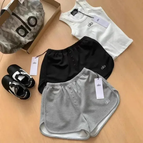 Alo Yoga Essential Tank Top and Button-Front Shorts Set in White, Black, and Gray - 1