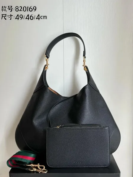 Gucci Hobo Bag Black Grain Leather with Web Strap Shoulder Bags - 1